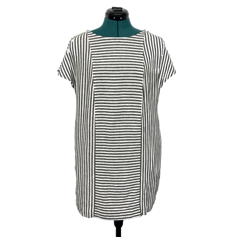 Madewell Shift Dress Striped Button Back Small Black White Coastal Linen Blend